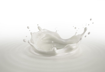 Milk crown splash, splashing in milk pool with ripples. - obrazy, fototapety, plakaty