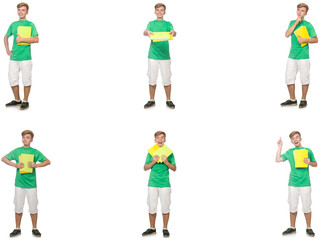 Young student with notes isolated on white 