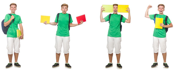 Young student with backpack and notes isolated on white 