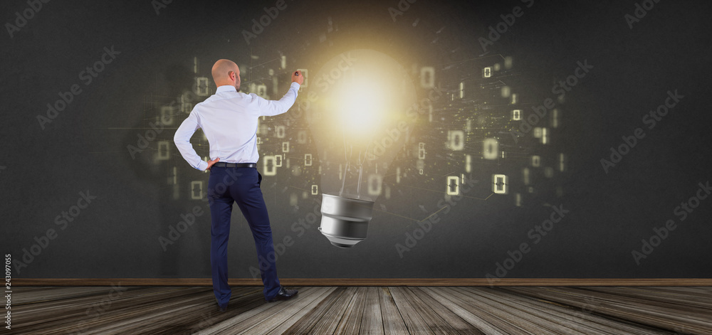 Poster businessman in front of a bulb lamp idea concept with start up icon connected 3d rendering
