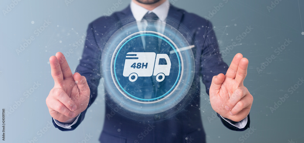 Poster businessman holding a fast delivery button with connection 3d rendering