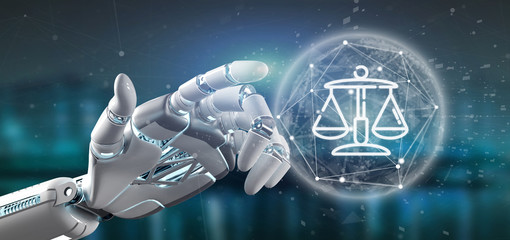 Fototapeta na wymiar Cyborg hand holding Cloud of justice and law icon bubble with data 3d rendering