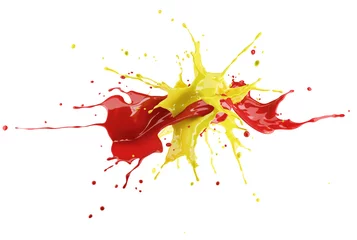 Gordijnen Red and yellow paint splash explosion, splashing against each other. © matis75