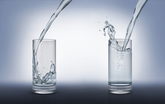 Two glasses with pouring water, one full with splash and one less full.