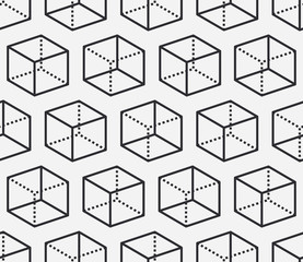 Geometric shapes seamless pattern with flat line icons of cube figure. Modern abstract background for geometry, math education. Black, white color vector illustrations