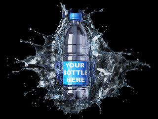 Splash of clear water with pet water bottle in the middle.