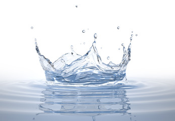 Water crown splash in a water pool on white.