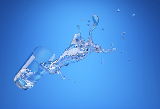 Glass with spilling water splash. On blue background.