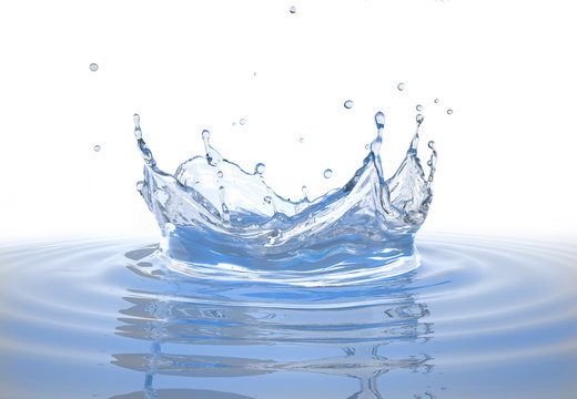 Water crown splash in a water pool on white.