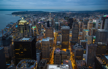 The downtown skyline at night, in Seattle