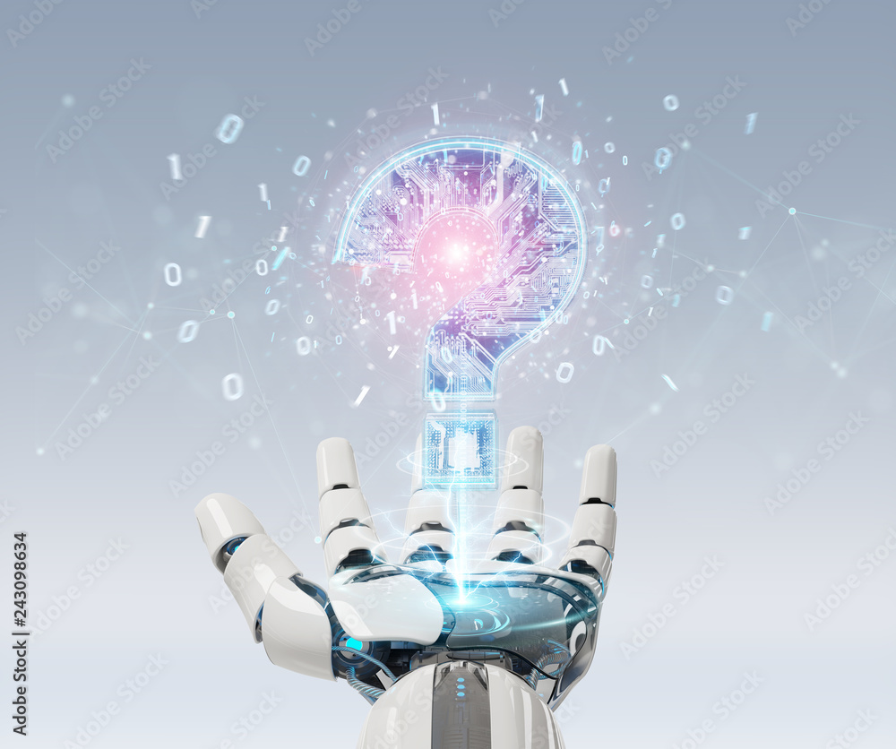 Aufkleber cyborg solving problem with digital question marks 3d rendering