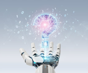 Cyborg solving problem with digital question marks 3D rendering