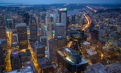 The downtown skyline at night, in Seattle