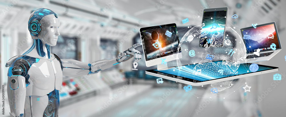 Poster white cyborg connecting devices together 3d rendering