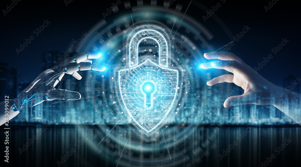 Poster robot hand and human hand touching digital padlock security 3d rendering