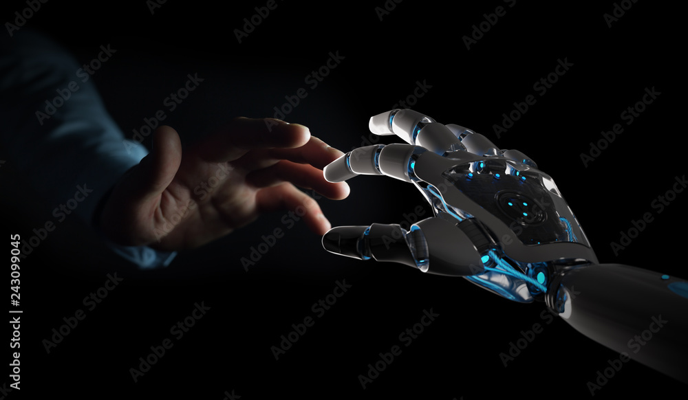 Poster robot hand making contact with human hand on dark background 3d rendering