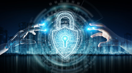 Robot hand and human hand touching digital padlock security 3D rendering