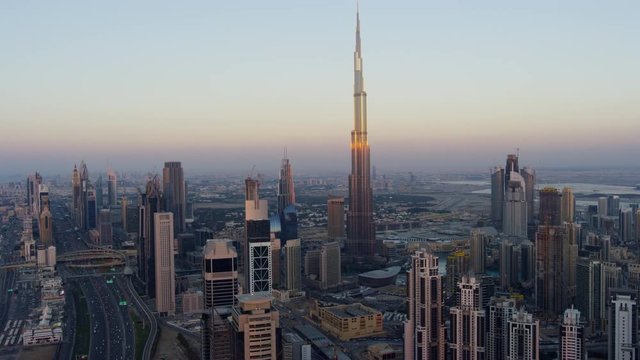 Aerial sunset view Burj Khalifa Dubai city Skyscrapers