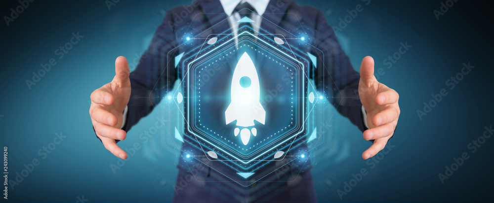 Poster Businessman using startup digital interface 3D rendering