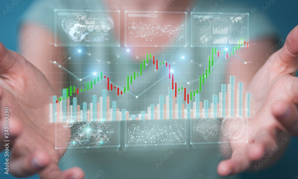 Aufkleber businessman using 3d rendering stock exchange datas and charts