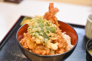 Big two shrimp tempura on rice, traditional tendon dish in Kyoto, Japan.