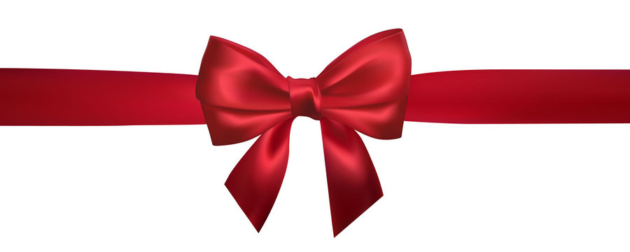 Realistic red bow with horizontal red ribbons isolated on white. Element for decoration gifts, greetings, holidays. Vector illustration