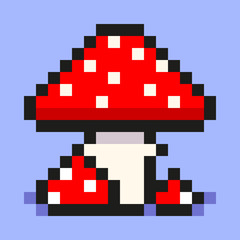 Pixel art, digital mushroom, big and small red amanita, flat web icon, vector design retro object