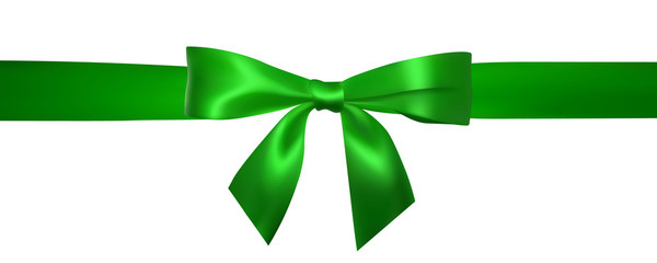 Realistic green bow with horizontal green ribbons isolated on white. Element for decoration gifts, greetings, holidays. Vector illustration