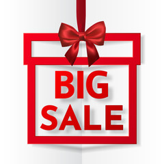 Big sale. Bright holiday gift box frame banner hanging with red ribbon and silky bow on white background. Vector illustration