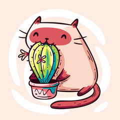 Funny siamese cat eating cactus doodle. Cute cartoon character. Design for print (t-shirt, greeting card, poster, sticker). Hand drawn vector illustration.