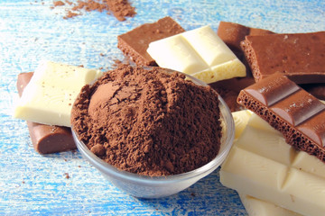 white, black chocolate and cocoa powder