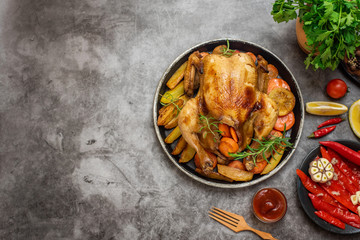 Roasted chicken, potatoes and vegetables in plate on grey background. Top view. With copy space