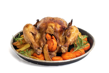 Roasted chicken, potatoes and vegetables in plate isolated on white background