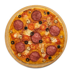 Pizza with cheese and salami isolated on white background. Top view