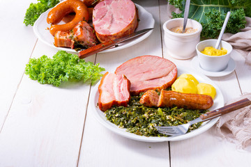 a delicious genuine oldenburger kale with peeked pinkel sausage