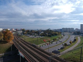 Fototapeta na wymiar Aerial photo of transport hub in Minsk, Belarus in autumn 