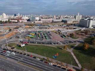 Aerial photo of transport hub in Minsk, Belarus in autumn 