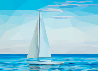 Beautiful simple seascape with sailing boat in the open sea. Vector illustration. Low poly sailboat