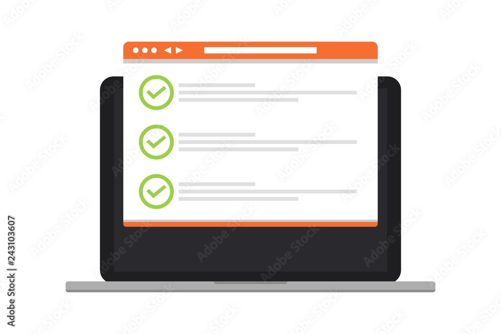 Poster checklist in browser window with checkmarks, mark on the laptop or desktop. illustration of checklis