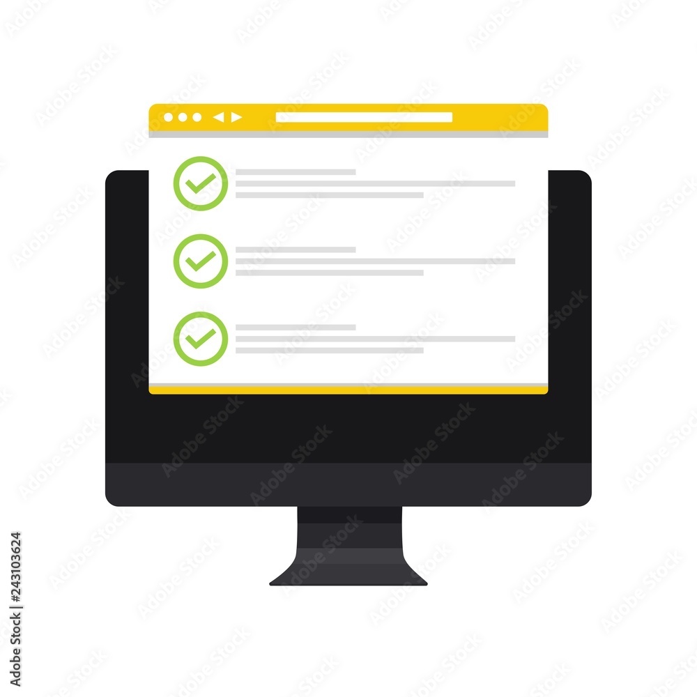 Poster checklist in browser window with checkmarks, mark on the laptop or desktop. illustration of checklis
