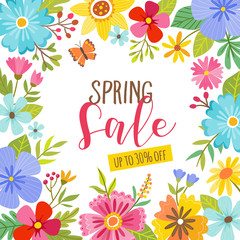 Floral spring sale card. Cute colorful floral frame. Perfect for backgrounds and seasonal sale promotions. Vector illustration.