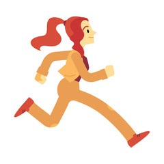 Fototapeta premium Young woman in sportswear running in flat cartoon style isolated on white background - vector illustration of side view of active girl jogging for healthy and sport lifestyle concept.