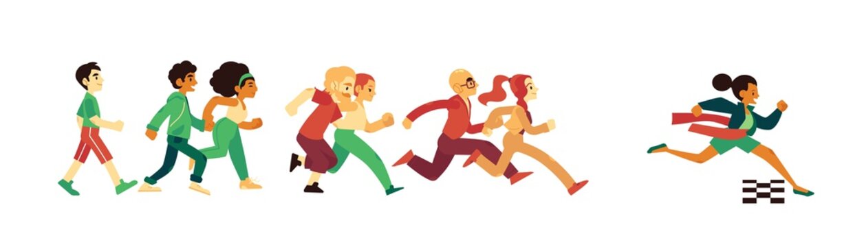 Success and competition concept with people in sport and casual clothing running in flat style - isolated vector illustration of race with winner woman crossing finish line and tearing red ribbon.