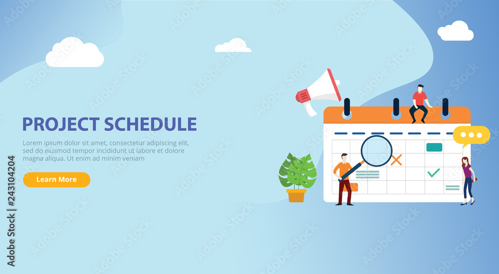 Poster project schedule calendar timeline with people team work together on website design banner landing p