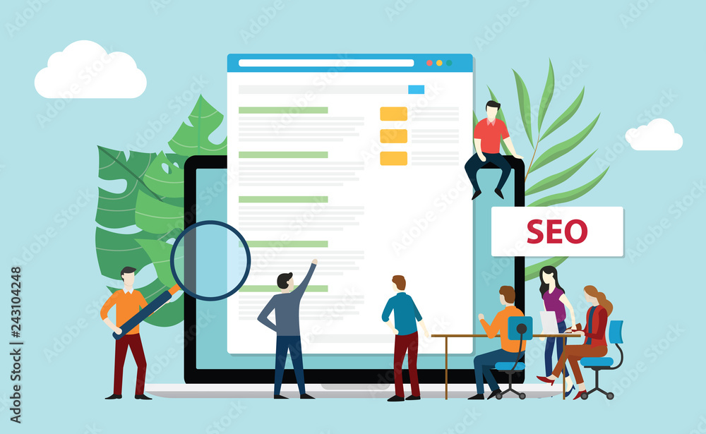 Poster seo search engine optimization with office team people working together increase website rating - ve