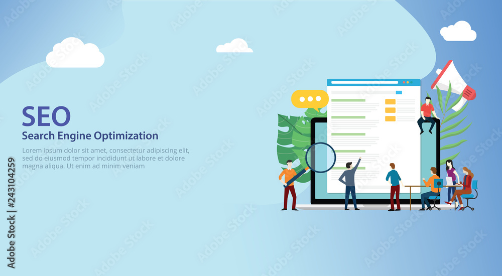 Poster seo search engine optimization team working together on website design landing page ui - vector