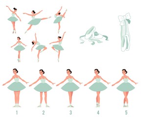 Vector elegant ballerina in green tutu dress, dancing on pointe shoes set. Female beautiful classic theater dancer character on isolated background. Ballet artist illustration © sabelskaya