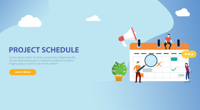 project schedule calendar timeline with people team work together on website design banner landing page ui template - vector