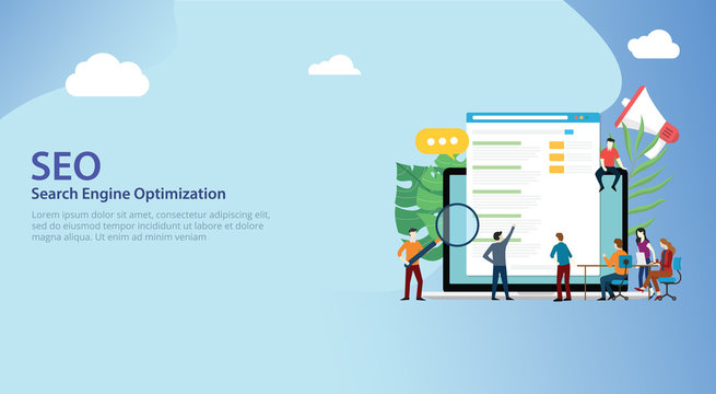 Seo Search Engine Optimization Team Working Together On Website Design Landing Page Ui - Vector
