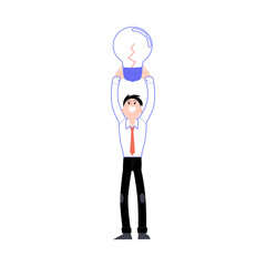 Vector employee creativity concept with happy business man holding big light bulb above head. Male office characters and symbol of idea, eureca and working process